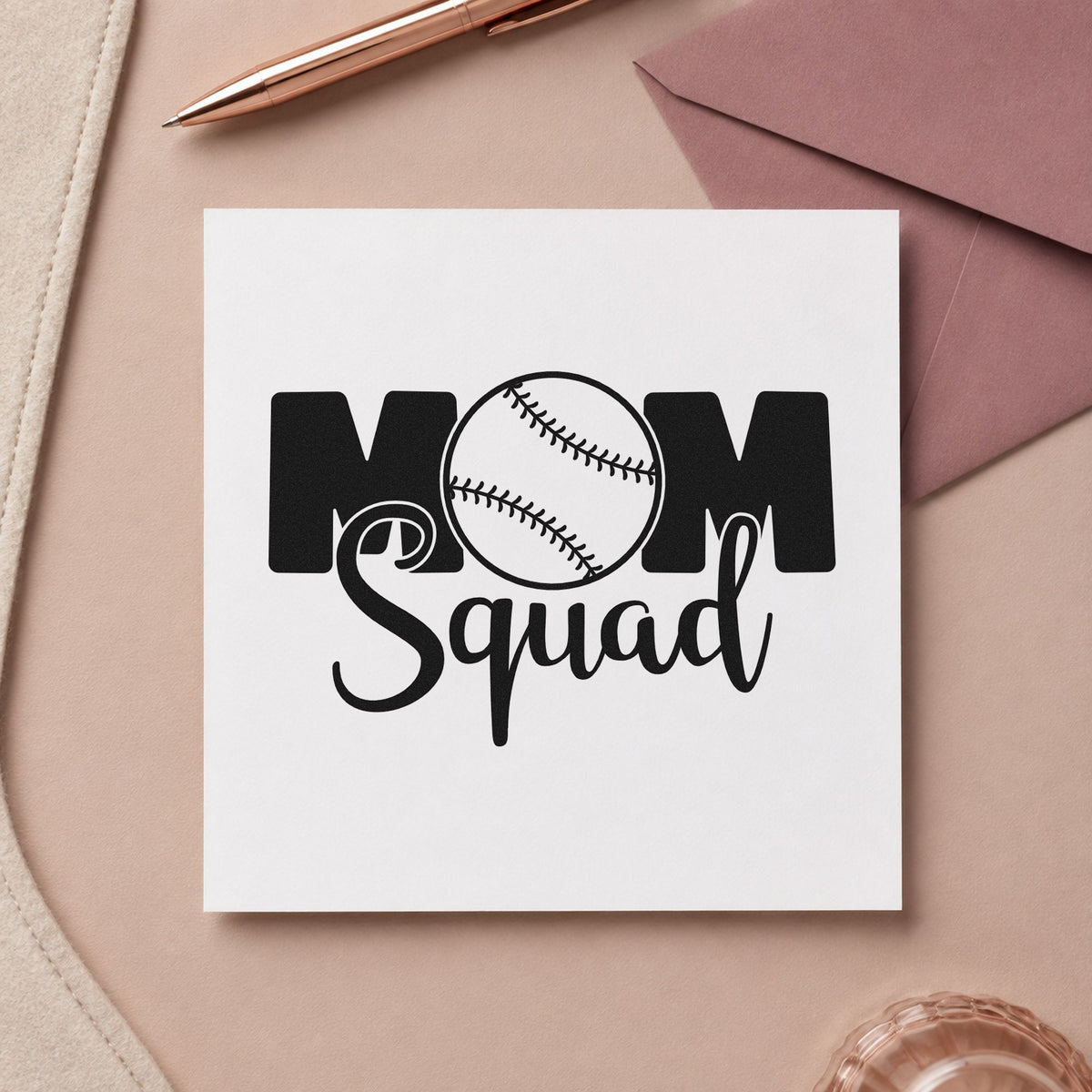 Baseball Mom Squad craft stamp in black ink on cardstock, an easy option for team parent shirts.