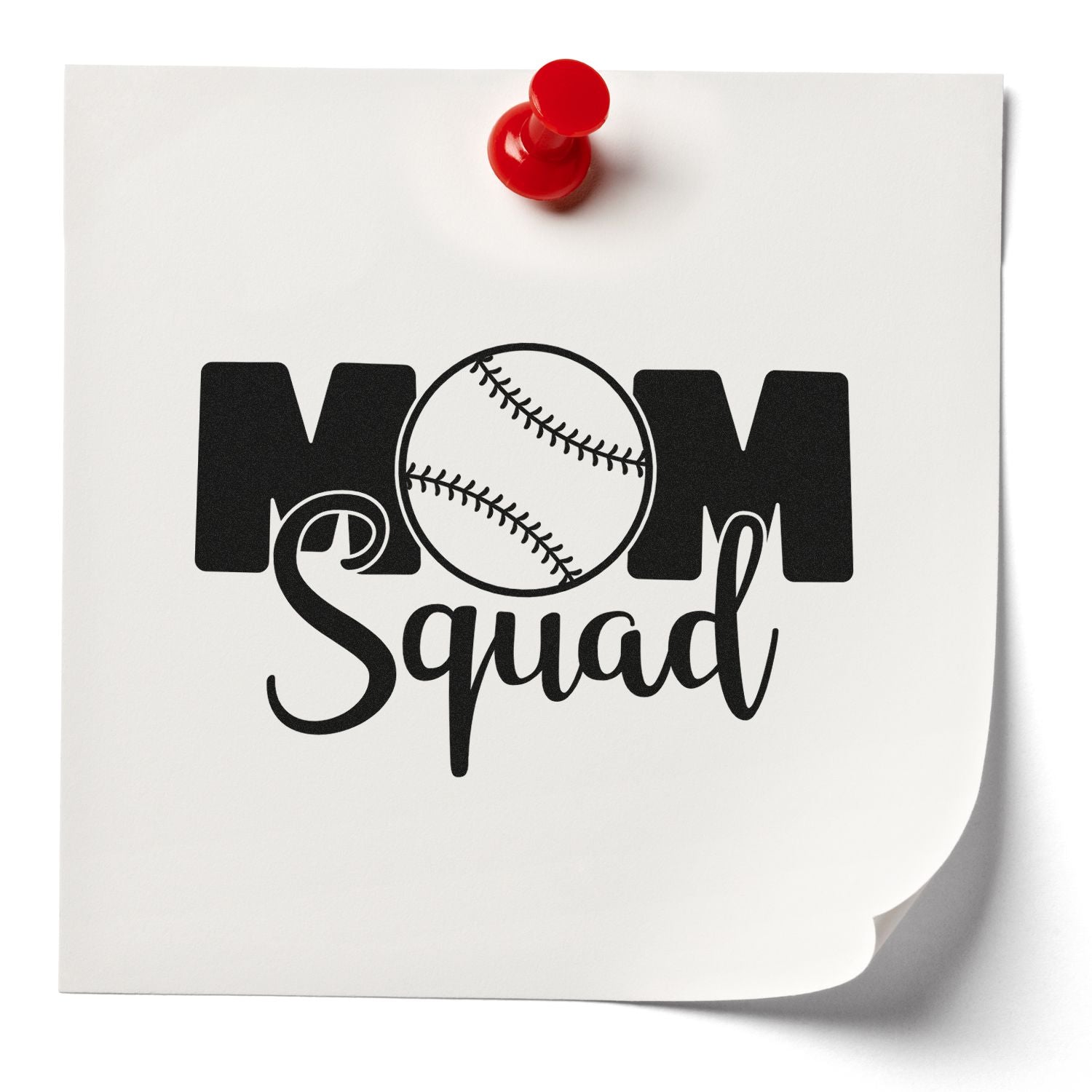 White paper stamp seal with red pushpin, black Mom Squad baseball design for baseball moms.