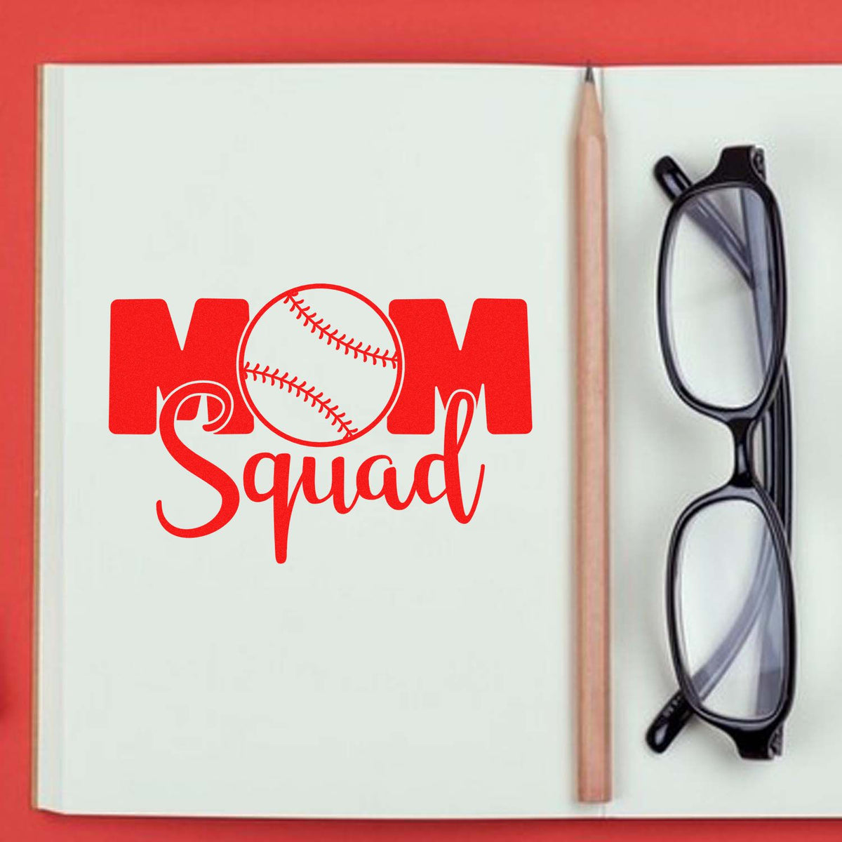 Baseball Mom Squad rubber stamp shown in red ink, stamped for projects such as team parent shirts.