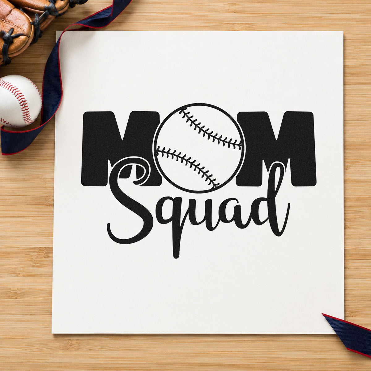 Baseball Mom Squad craft stamp imprint in black ink on a handmade project, one idea being bleacher scrapbook pages.