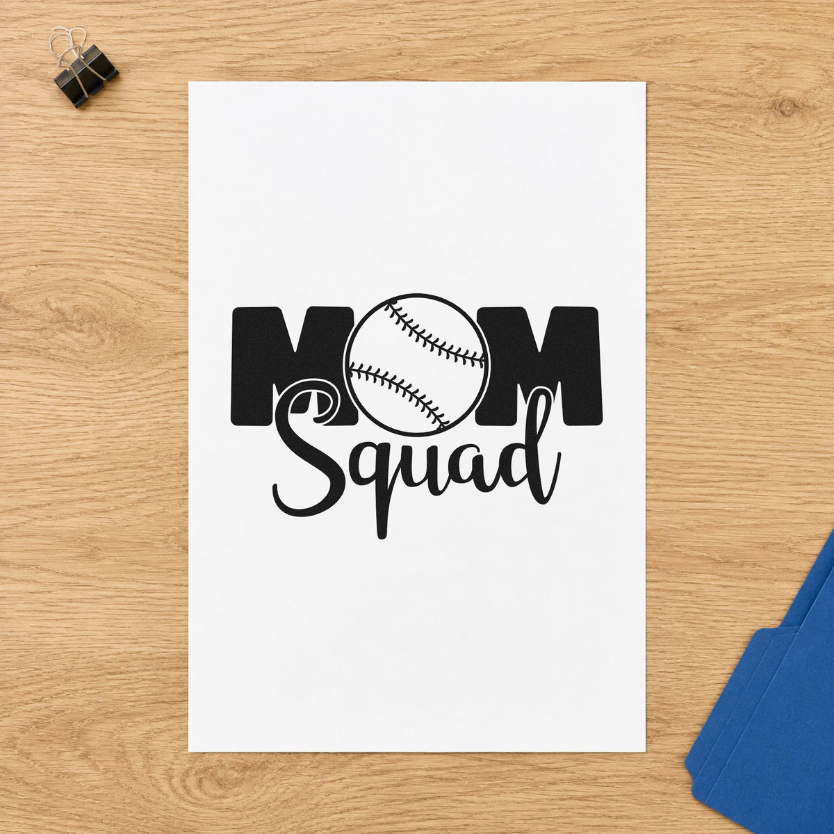 Baseball Mom Squad rubber stamp printed in black ink, ready for group chat gift tags and similar paper crafts.