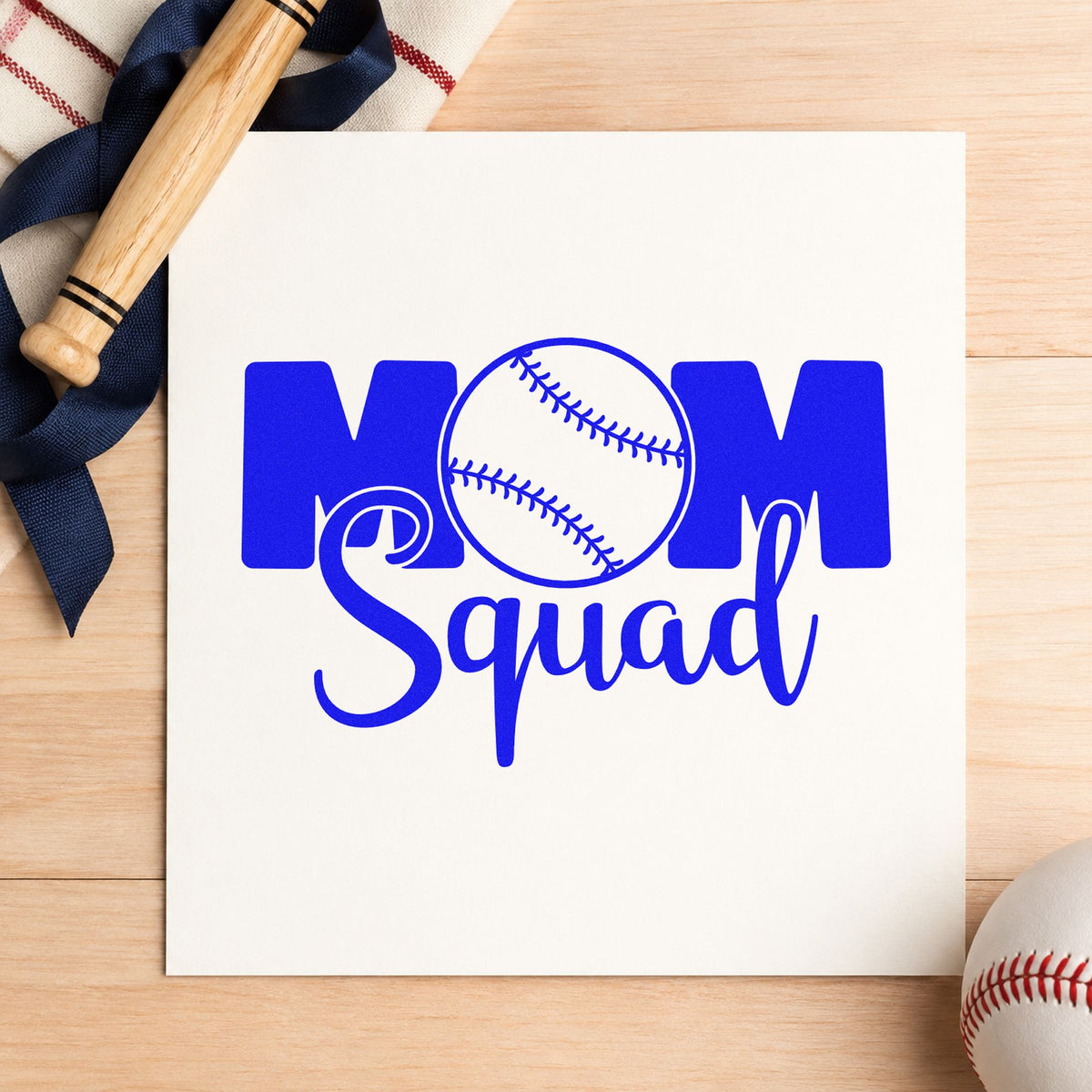 Baseball Mom Squad craft stamp in blue ink on cardstock, an easy option for carpool schedule headers.