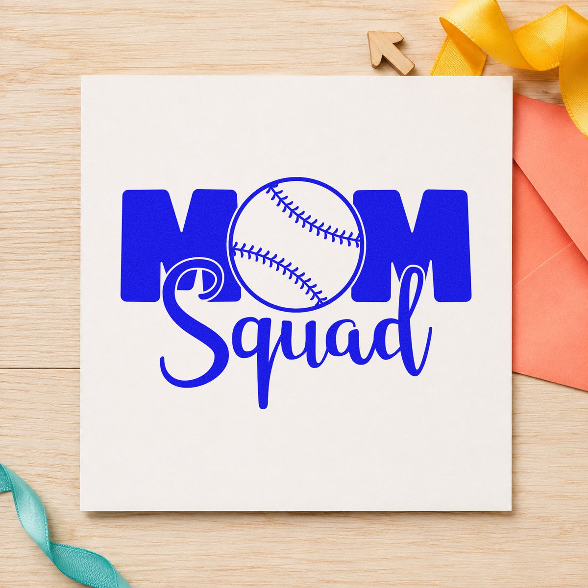 Baseball Mom Squad craft stamp imprinted in blue ink on paper, a design suited to tailgate cup labels.