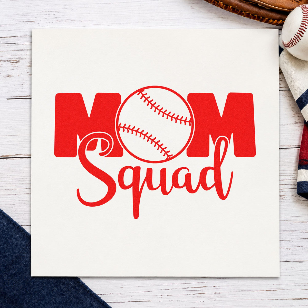 Baseball Mom Squad rubber stamp shown in red ink, stamped for projects such as mother's day cards.