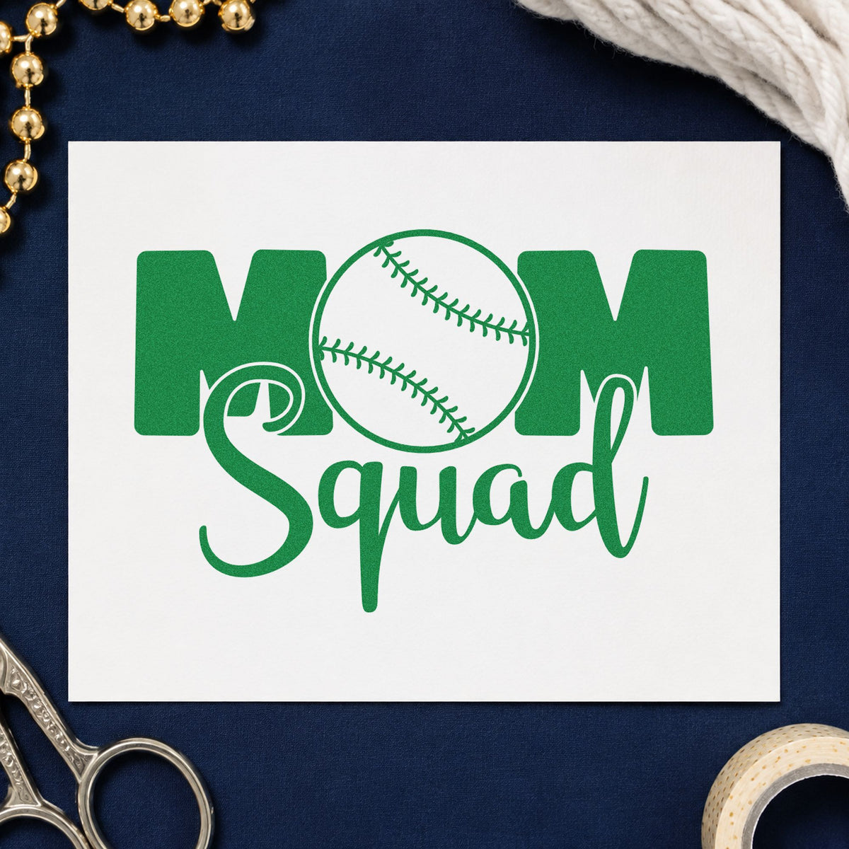 Baseball Mom Squad craft stamp imprint in green ink on a handmade project, one idea being end-of-year party invites.