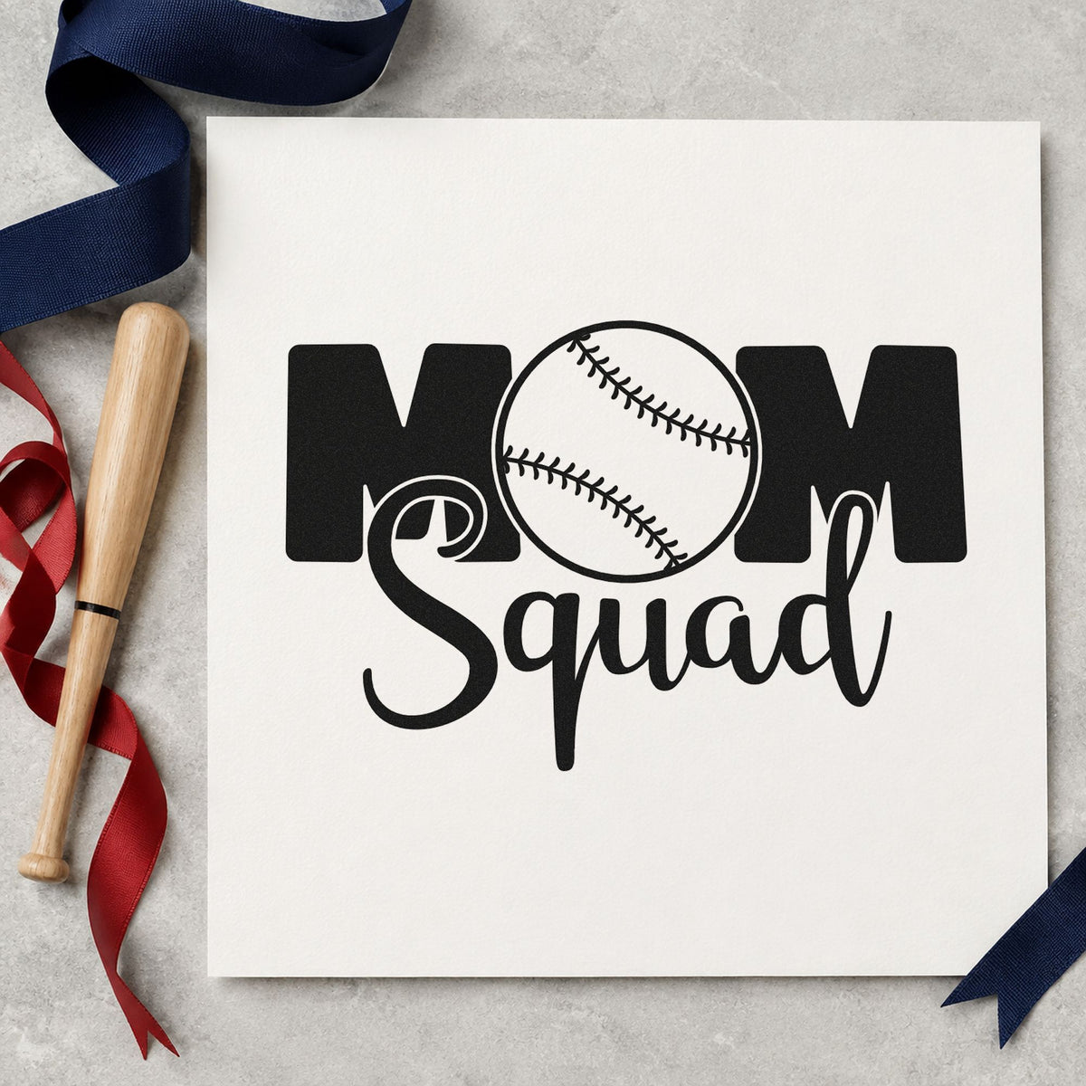 Baseball Mom Squad rubber stamp printed in black ink, ready for mom squad birthdays and similar paper crafts.