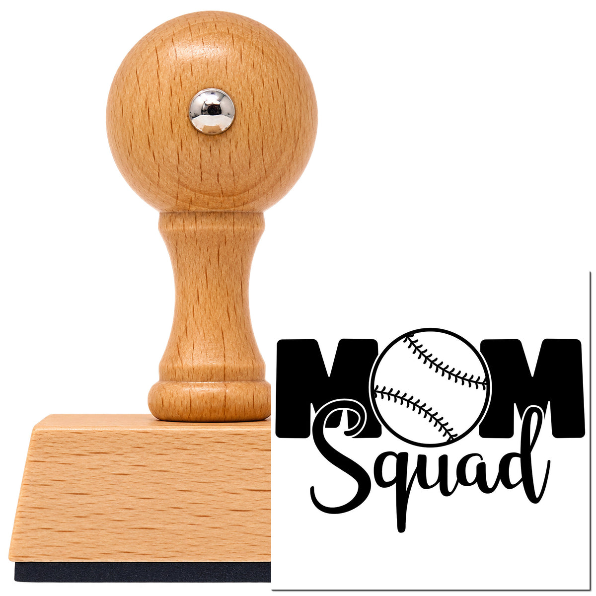 Vintage Pro beech wood stamp with a round knob handle, shown with its black Baseball Mom Squad Script Lettering imprint on white.