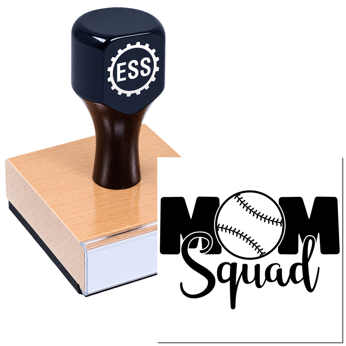 Navy custom stamp on wooden block with ESS gear logo and black Mom Squad baseball-themed seal design.