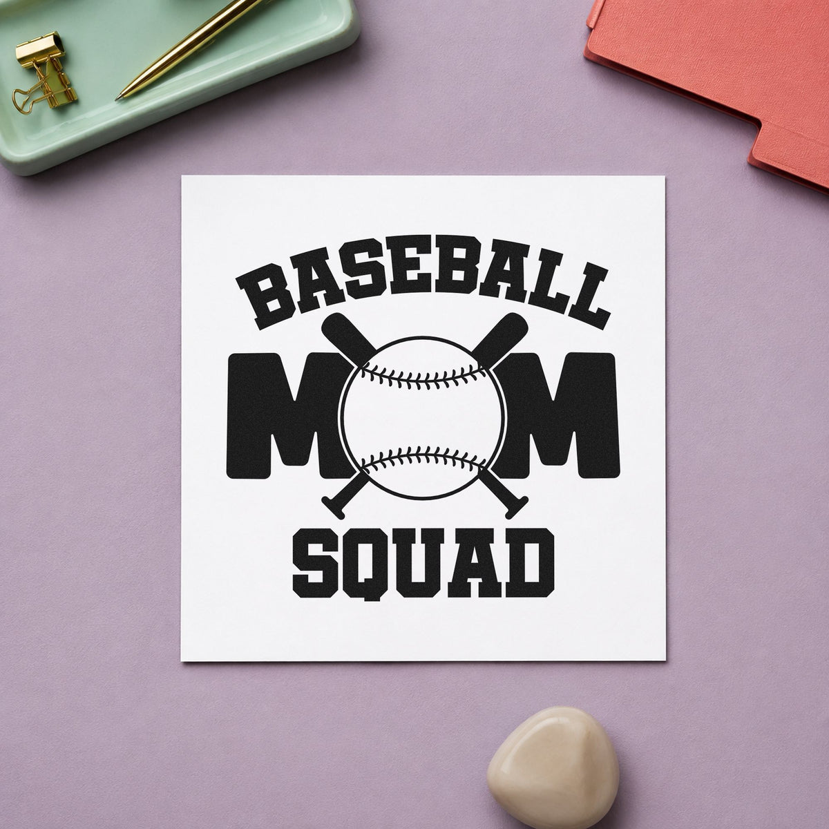 Baseball Mom Squad Bats craft stamp in black ink on cardstock, an easy option for booster club name tags.