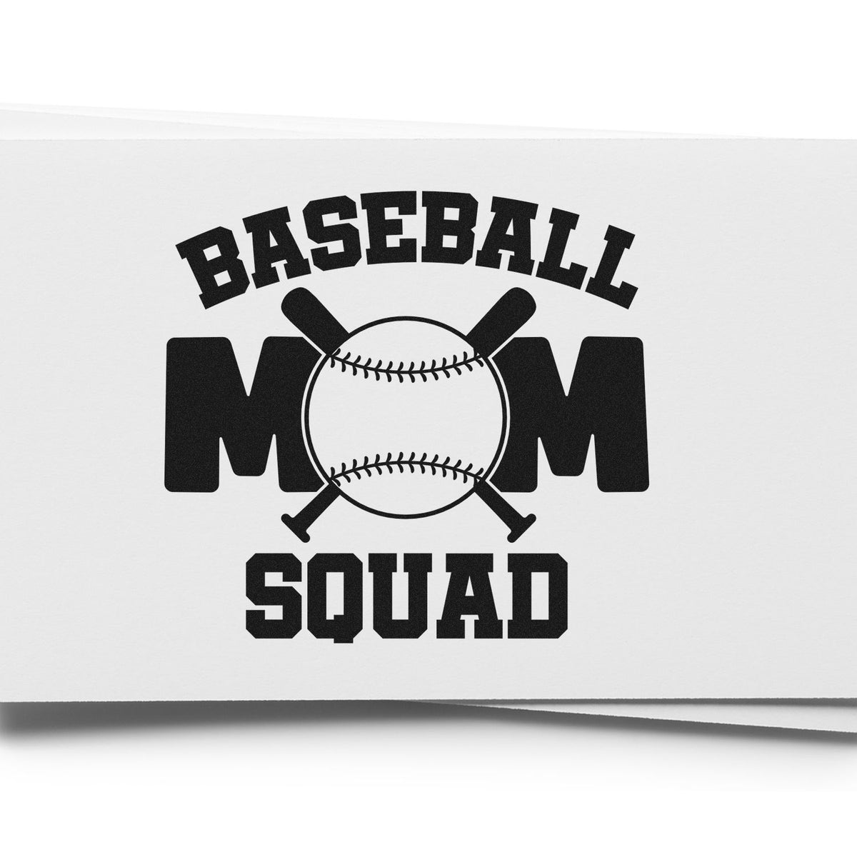 Black baseball mom squad stamp design with crossed bats, baseball, and bold lettering on white paper.