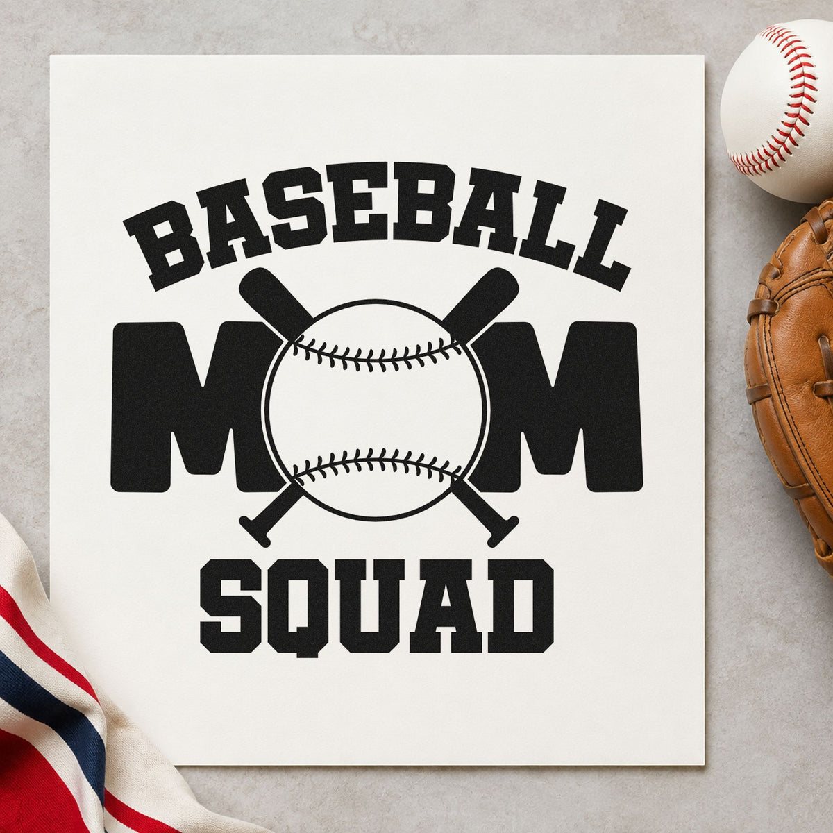 Baseball Mom Squad Bats craft stamp imprint in black ink on a handmade project, one idea being tournament tote bags.