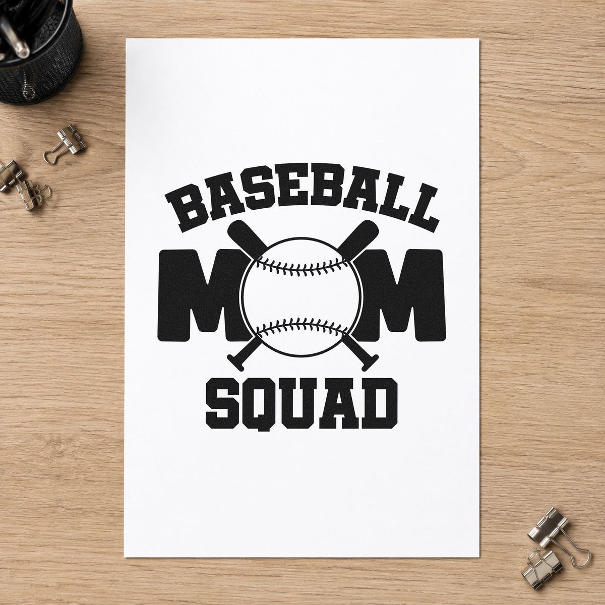 Baseball Mom Squad Bats rubber stamp printed in black ink, ready for season scrapbook openers and similar paper crafts.