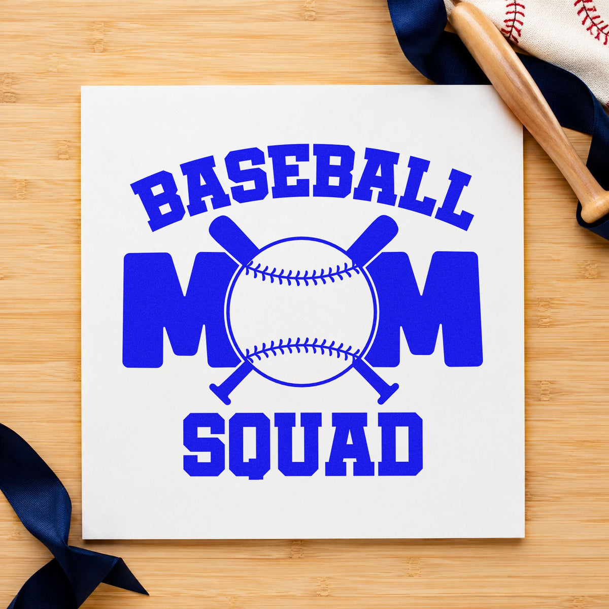 Baseball Mom Squad Bats craft stamp in blue ink on cardstock, an easy option for fundraiser table signs.