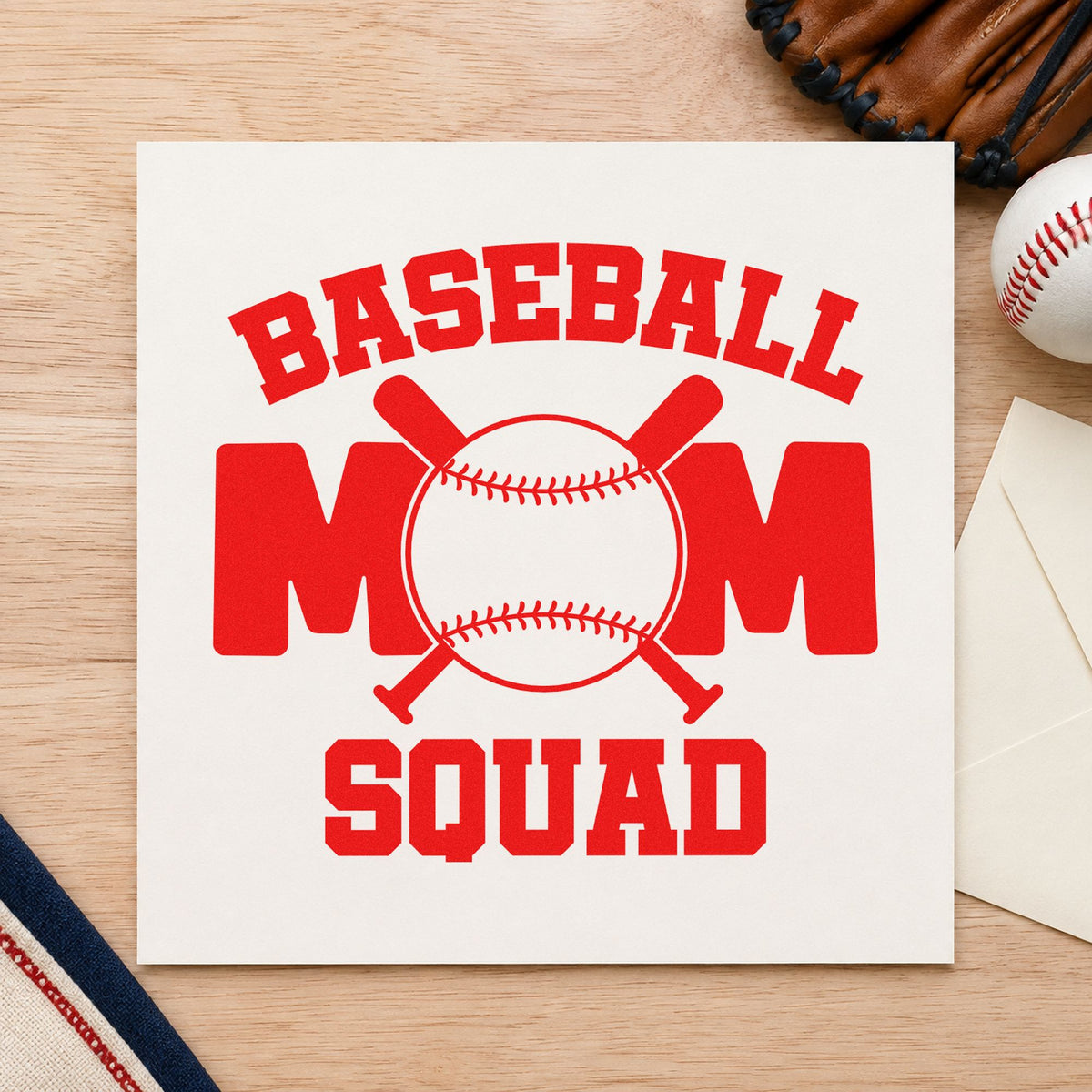 Baseball Mom Squad Bats rubber stamp shown in red ink, stamped for projects such as snack schedule sheets.