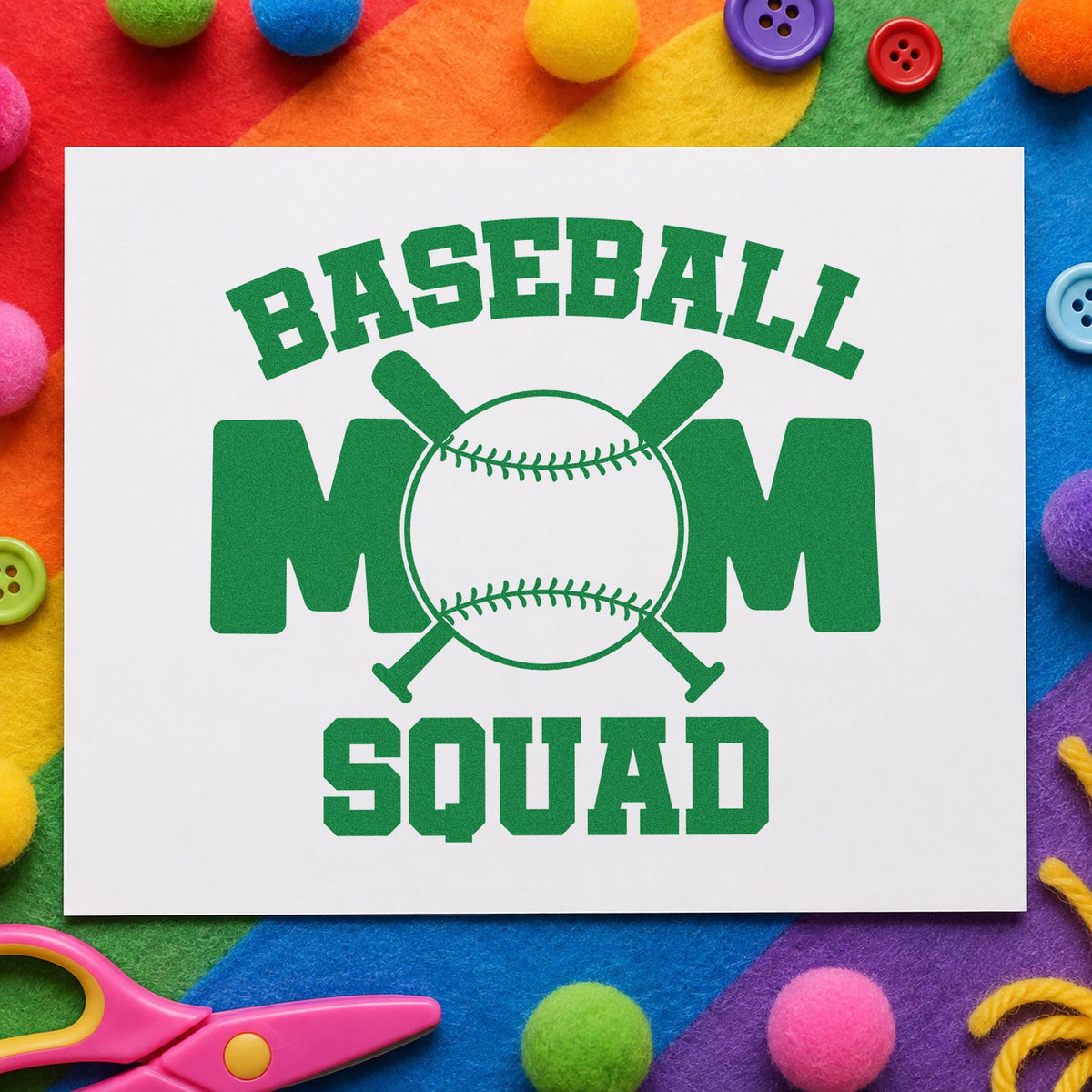 Baseball Mom Squad Bats craft stamp imprint in green ink on a handmade project, one idea being planner cover stamping.