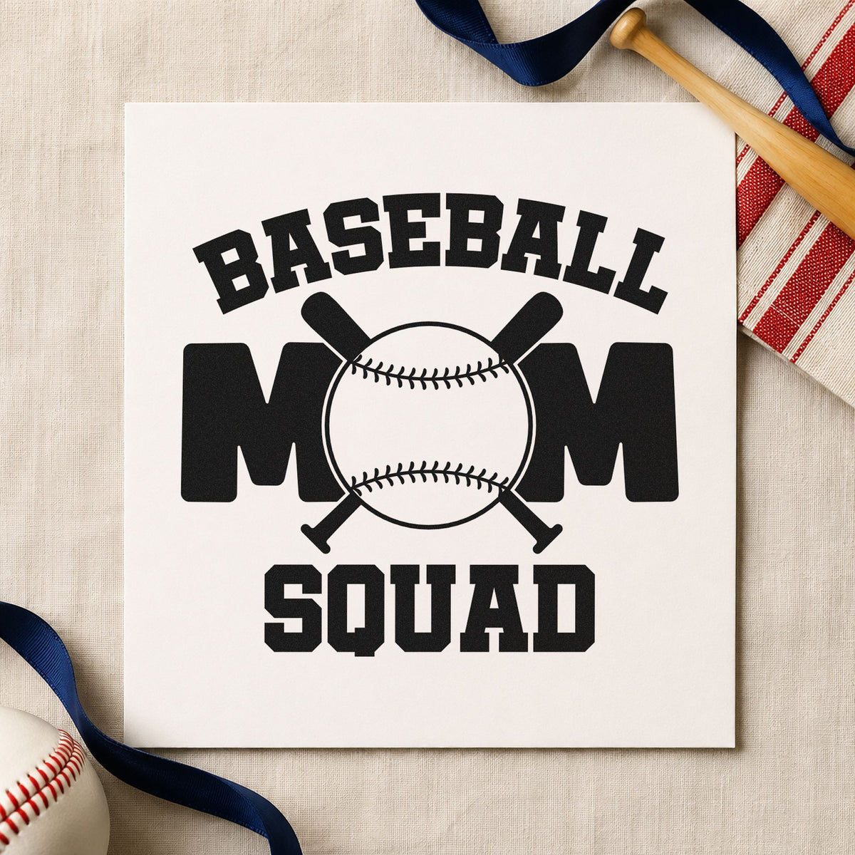 Baseball Mom Squad Bats rubber stamp printed in black ink, ready for team mom thank-yous and similar paper crafts.