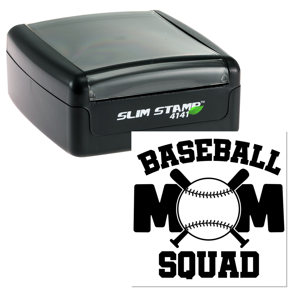 Black self-inking Slim Stamp 4141 with translucent gray top and baseball-themed custom seal for Baseball Mom Squad.