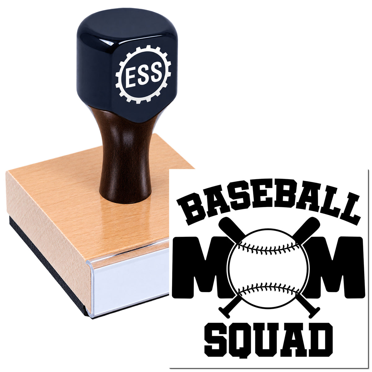 Black ESS baseball stamp and seal on a tan wooden block, with bold black-and-white Baseball Mom Squad logo.