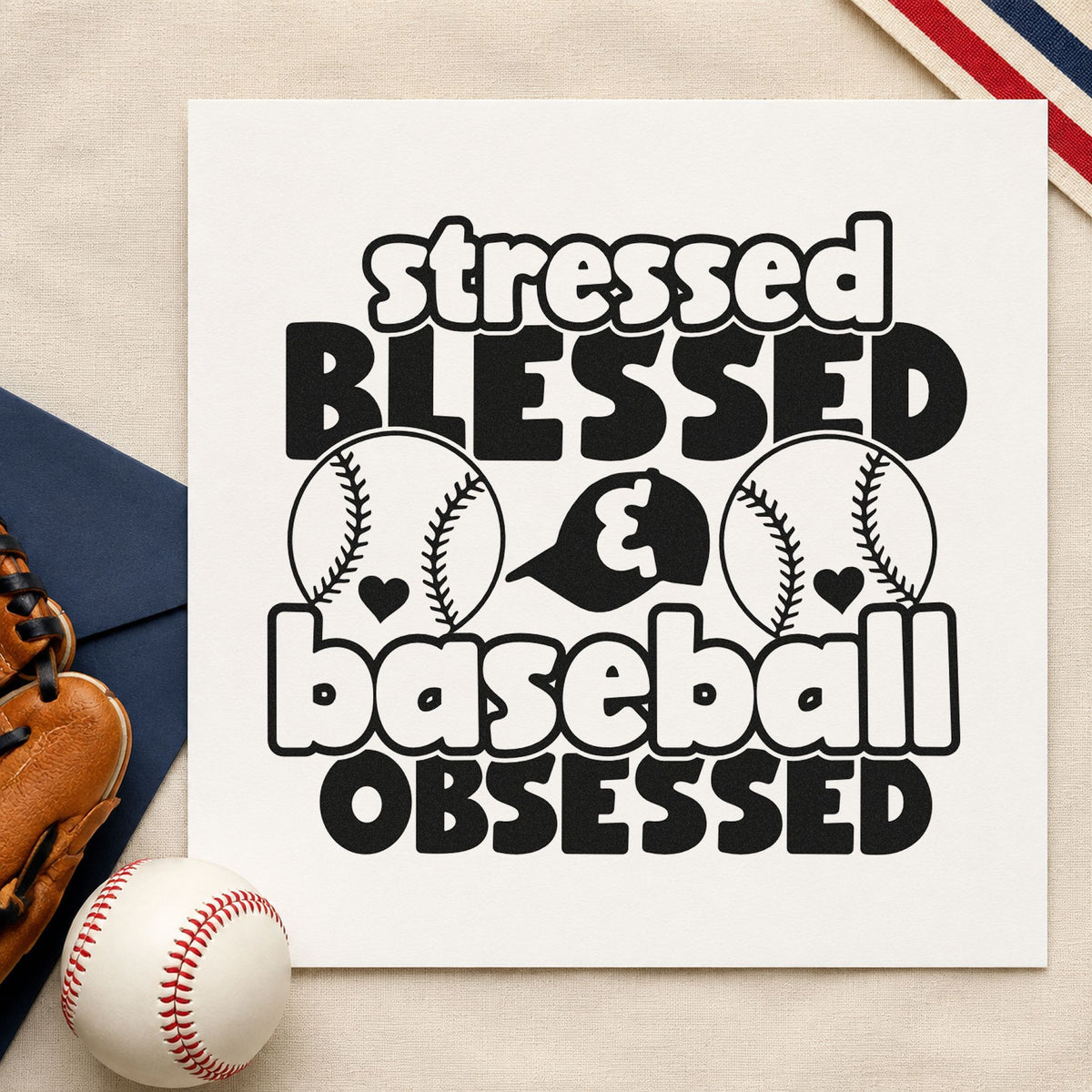 Stressed Blessed Baseball Obsessed craft stamp imprint in black ink on a handmade project, one idea being game day tees.