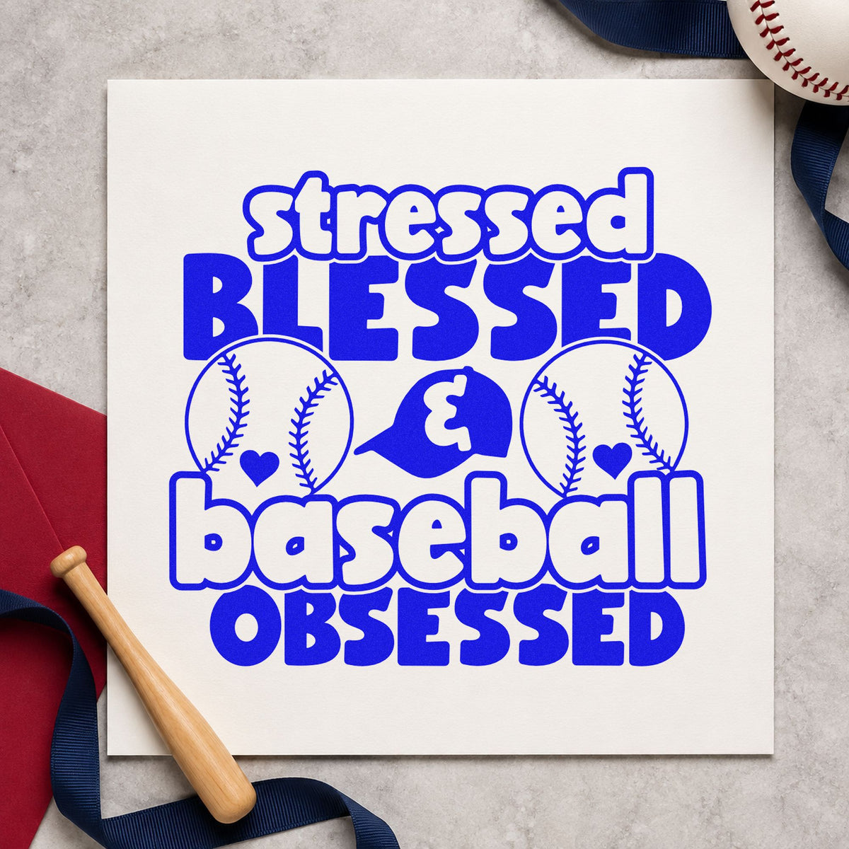 Stressed Blessed Baseball Obsessed craft stamp in blue ink on cardstock, an easy option for tumbler gift tags.