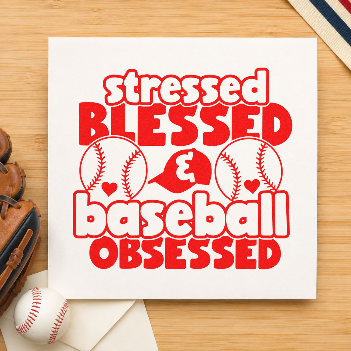 Stressed Blessed Baseball Obsessed rubber stamp shown in red ink, stamped for projects such as kitchen magnet crafts.
