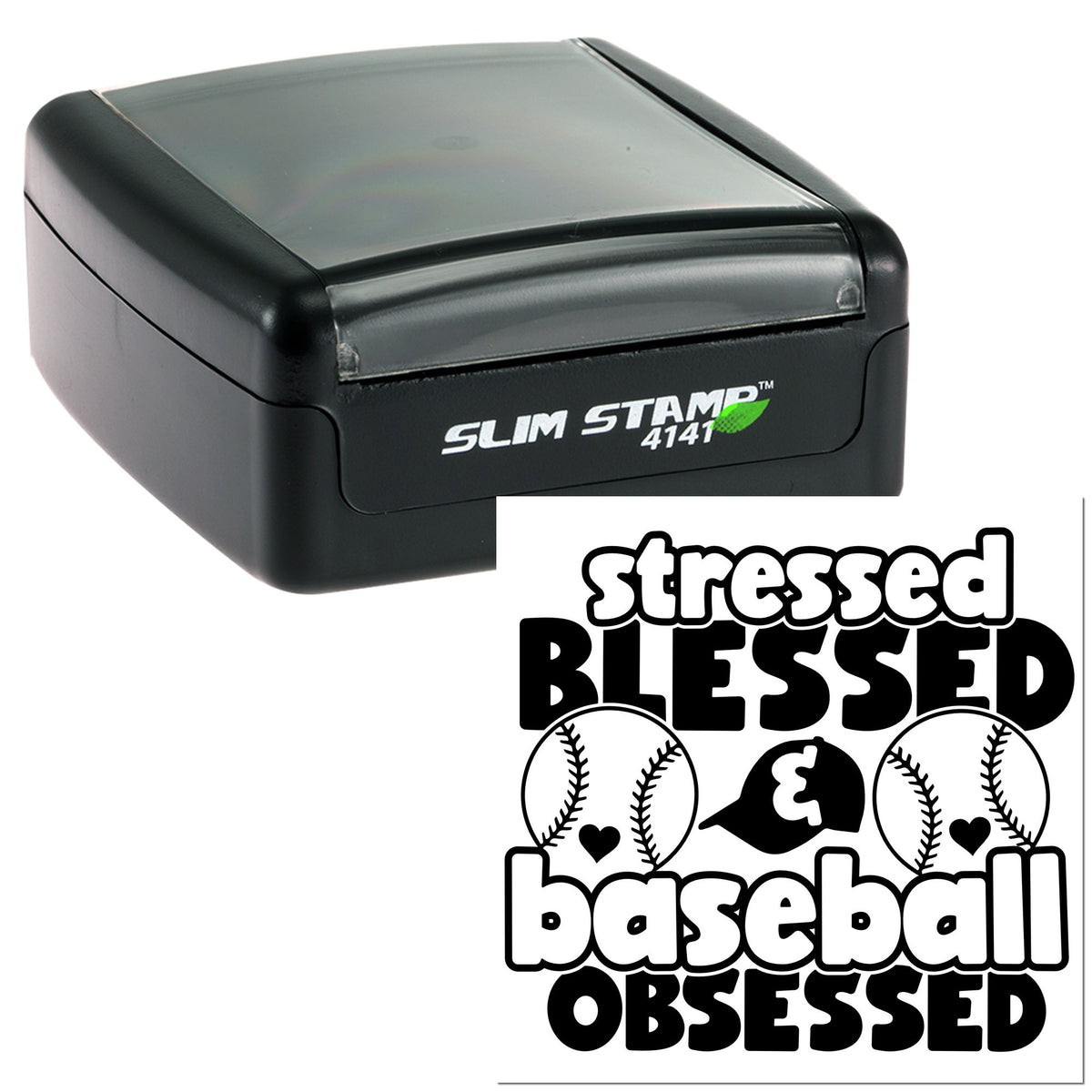 Black Slim Stamp self-inking stamp with gray lid next to a black-and-white stressed blessed baseball obsessed seal with baseball icons.