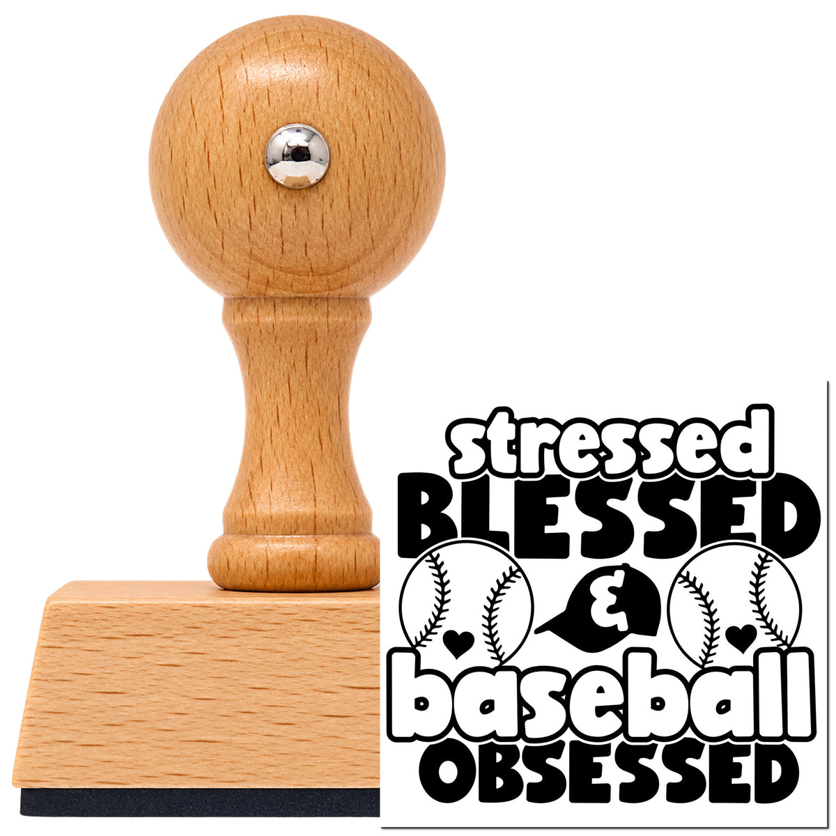 Vintage Pro beech wood stamp with a round knob handle, shown with its black Stressed Blessed Baseball Obsessed imprint on white.