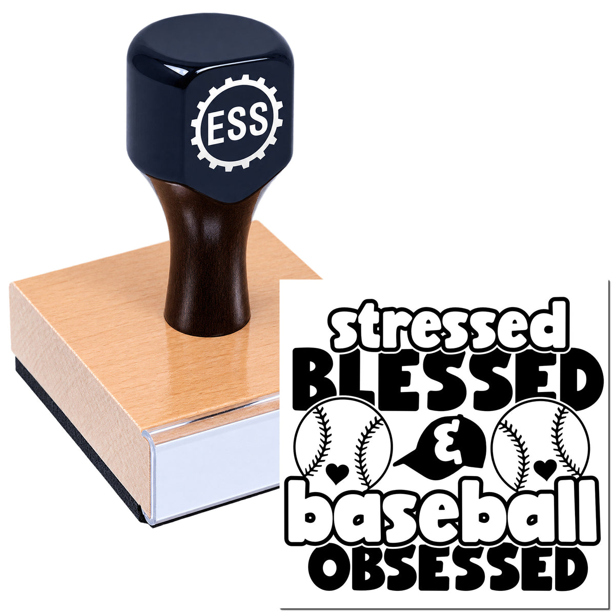 Black ESS custom stamp and seal on wooden base with stressed blessed baseball obsessed design and baseball graphics