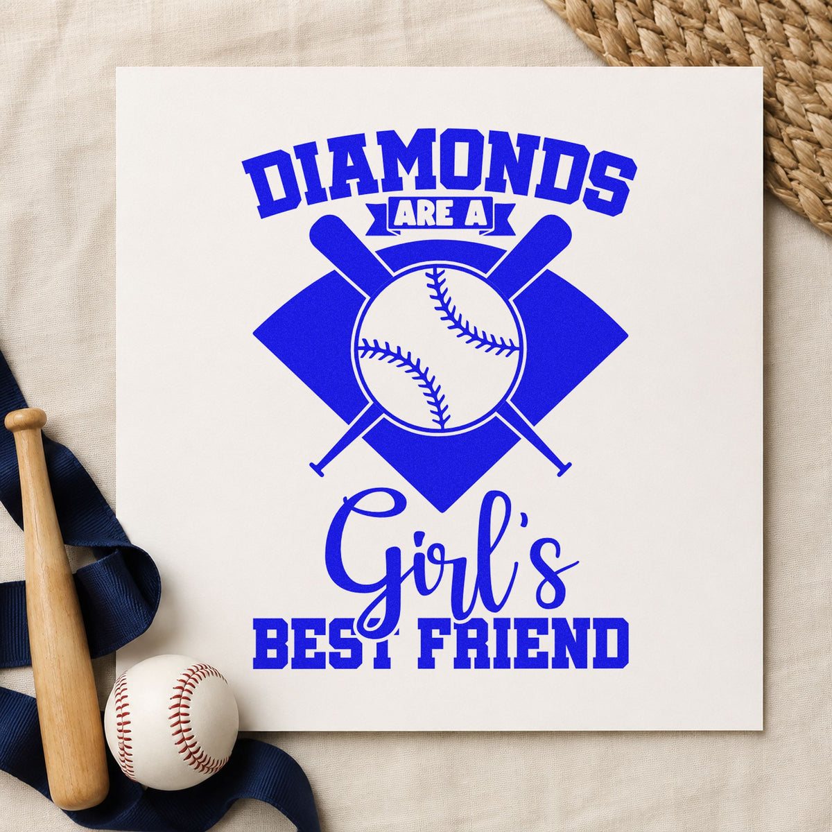 Diamonds Are a Girl's Best Friend craft stamp in blue ink on cardstock, an easy option for locker room signs.