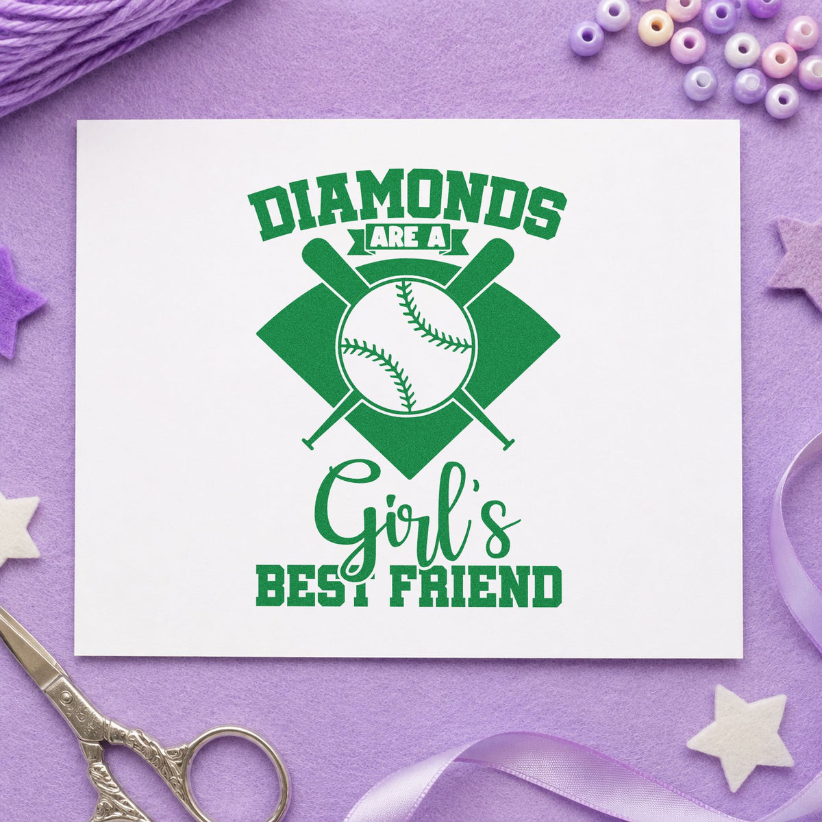 Diamonds Are a Girl's Best Friend craft stamp imprint in green ink on a handmade project, one idea being senior night cards.