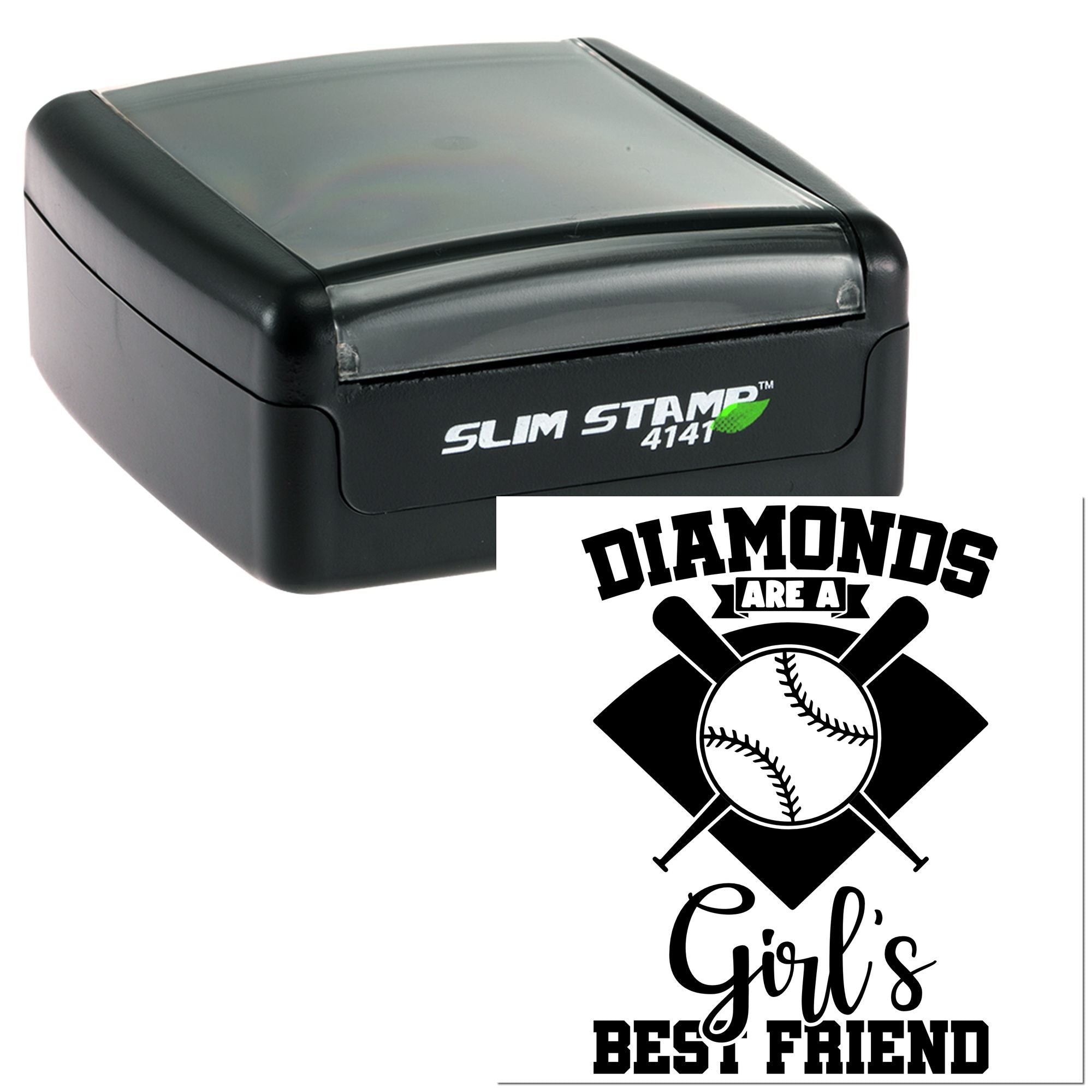 Black Slim Stamp 4141 self-inking stamp with custom black baseball seal design reading Diamonds Are a Girls Best Friend.