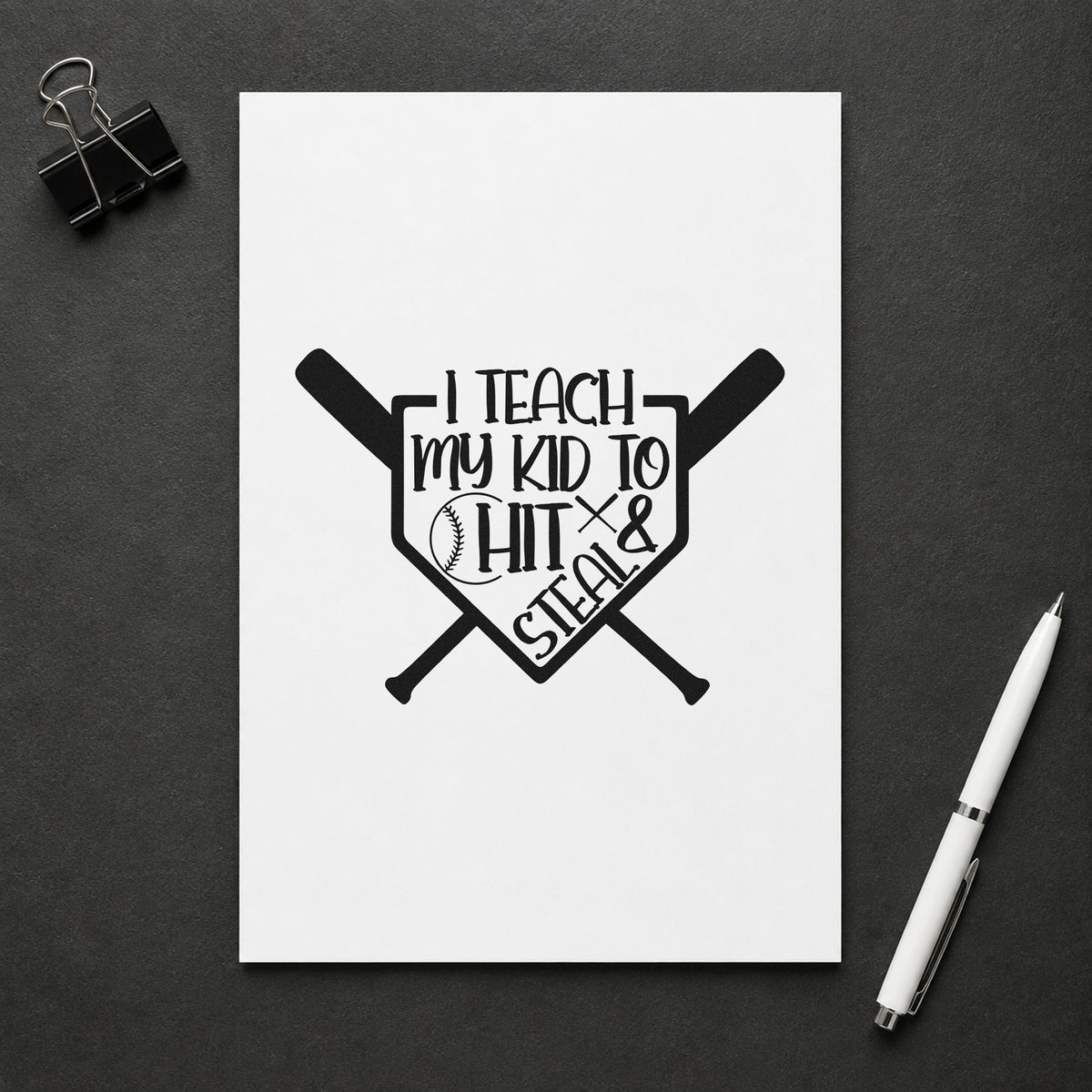 Hit and Steal Crossed Bats rubber stamp printed in black ink, ready for parent tote bags and similar paper crafts.
