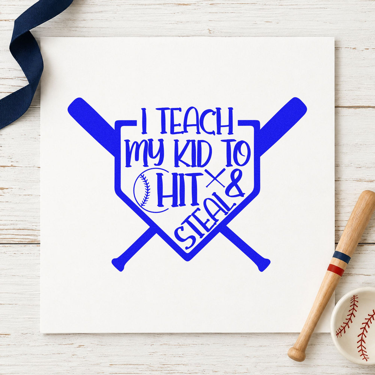 Hit and Steal Crossed Bats craft stamp in blue ink on cardstock, an easy option for grill party invites.