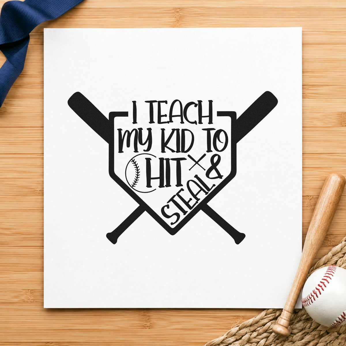 Hit and Steal Crossed Bats rubber stamp printed in black ink, ready for dad birthday cards and similar paper crafts.