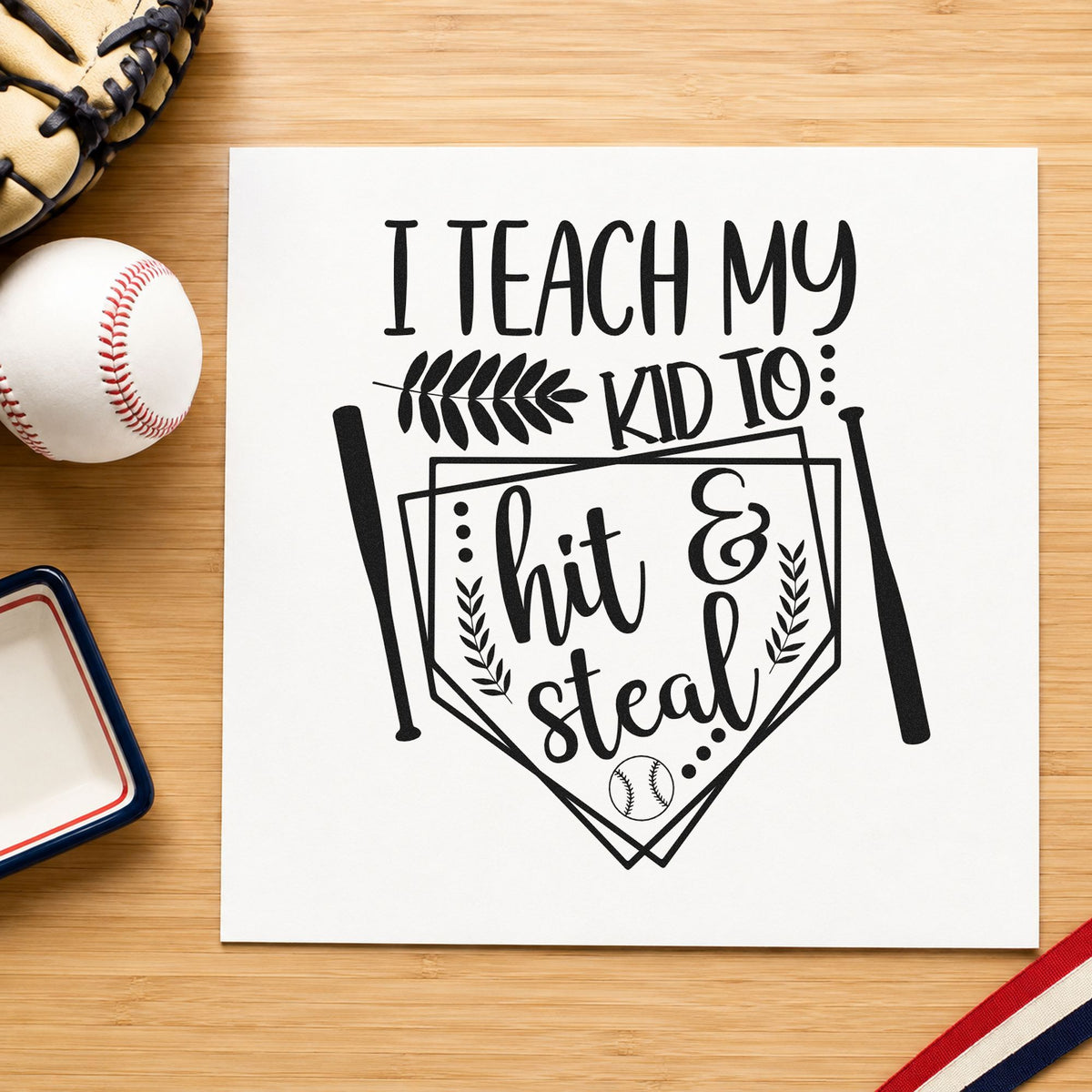 Hit and Steal Baseball Pennant craft stamp imprint in black ink on a handmade project, one idea being team party banners.