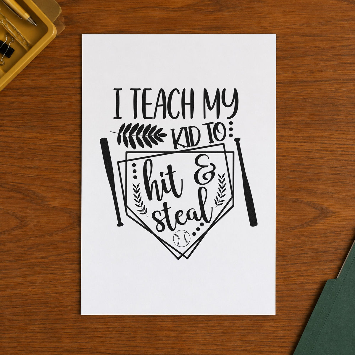 Hit and Steal Baseball Pennant rubber stamp printed in black ink, ready for scrapbook border accents and similar paper crafts.