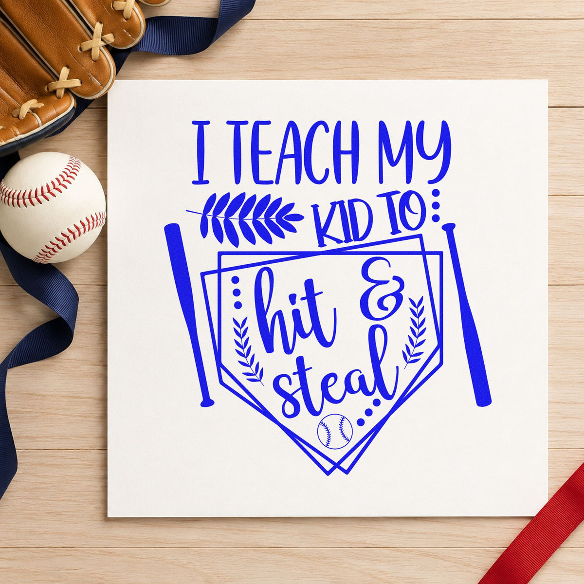 Hit and Steal Baseball Pennant craft stamp in blue ink on cardstock, an easy option for coach gift tags.