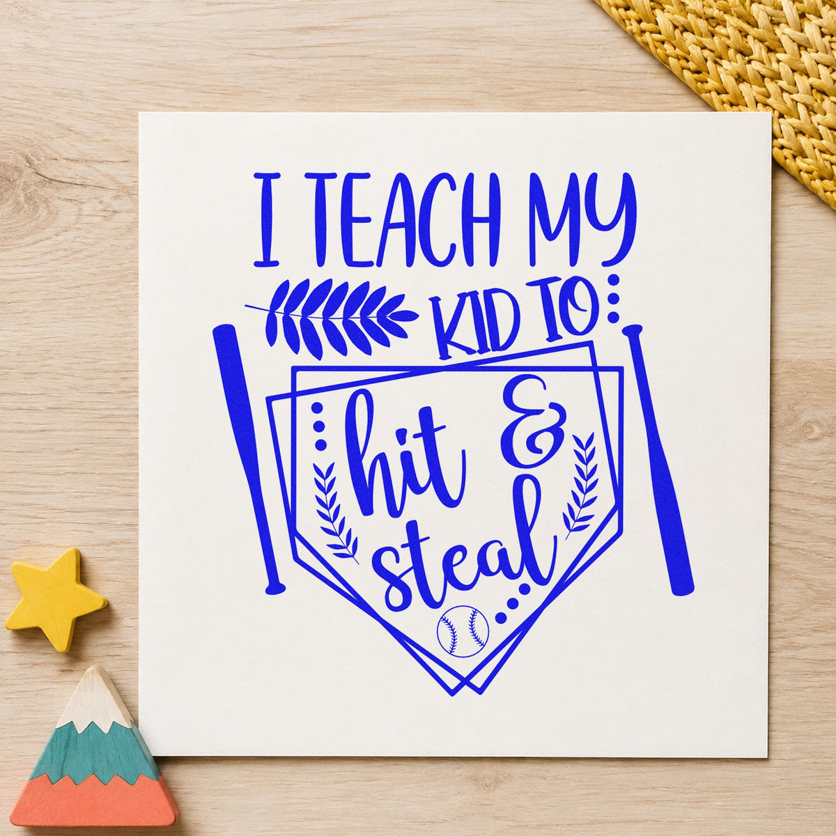 Hit and Steal Baseball Pennant craft stamp imprinted in blue ink on paper, a design suited to game day tees.