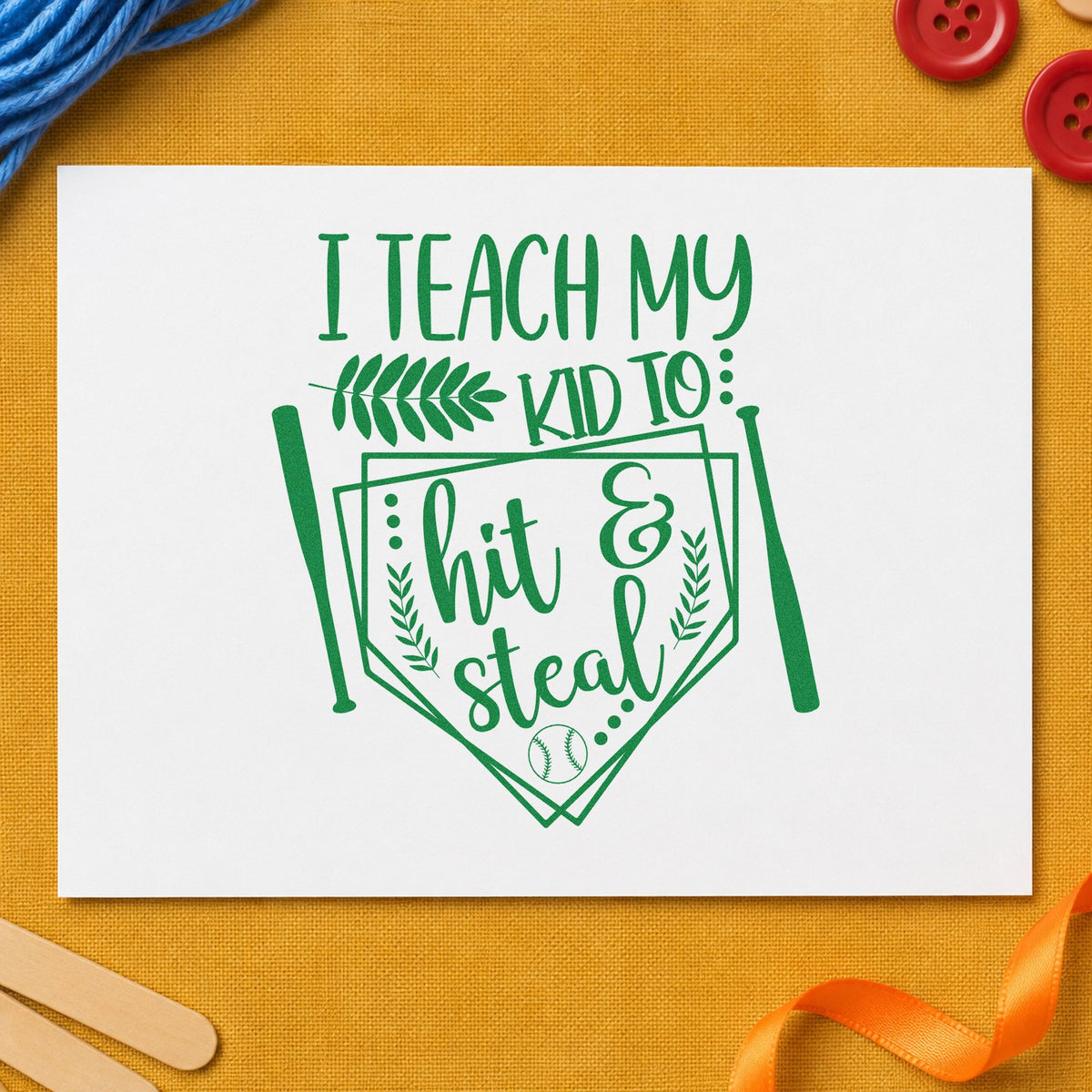 Hit and Steal Baseball Pennant craft stamp imprint in green ink on a handmade project, one idea being steal photo captions.
