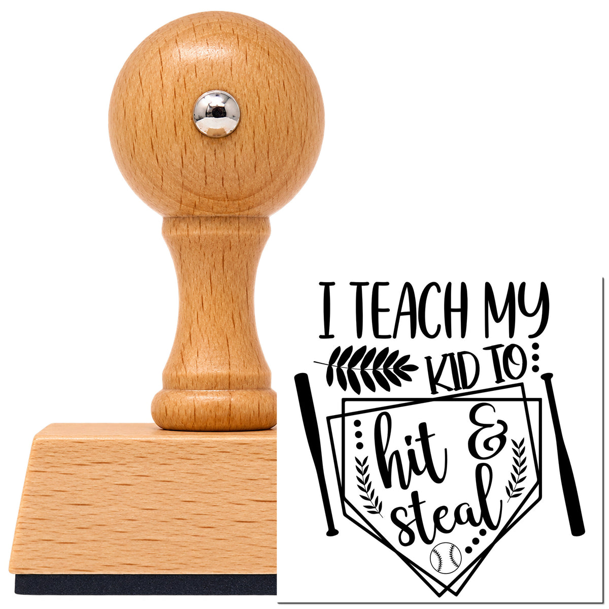 Vintage Pro beech wood stamp with a round knob handle, shown with its black Hit And Steal Bats And Seams Pennant imprint on white.