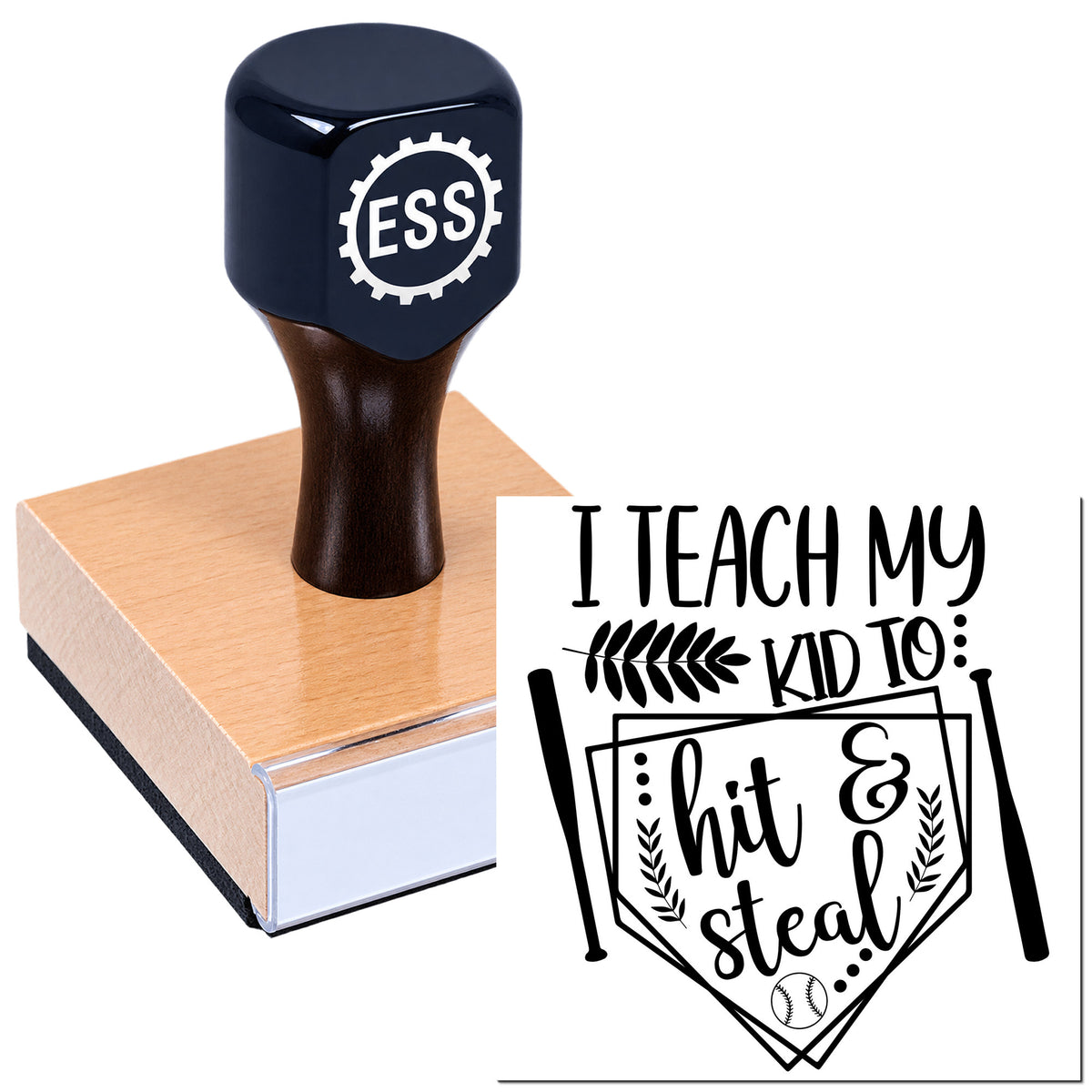 Black custom rubber stamp on wooden block, with baseball-themed "I Teach My Kid to: hit & steal" design in black and white.