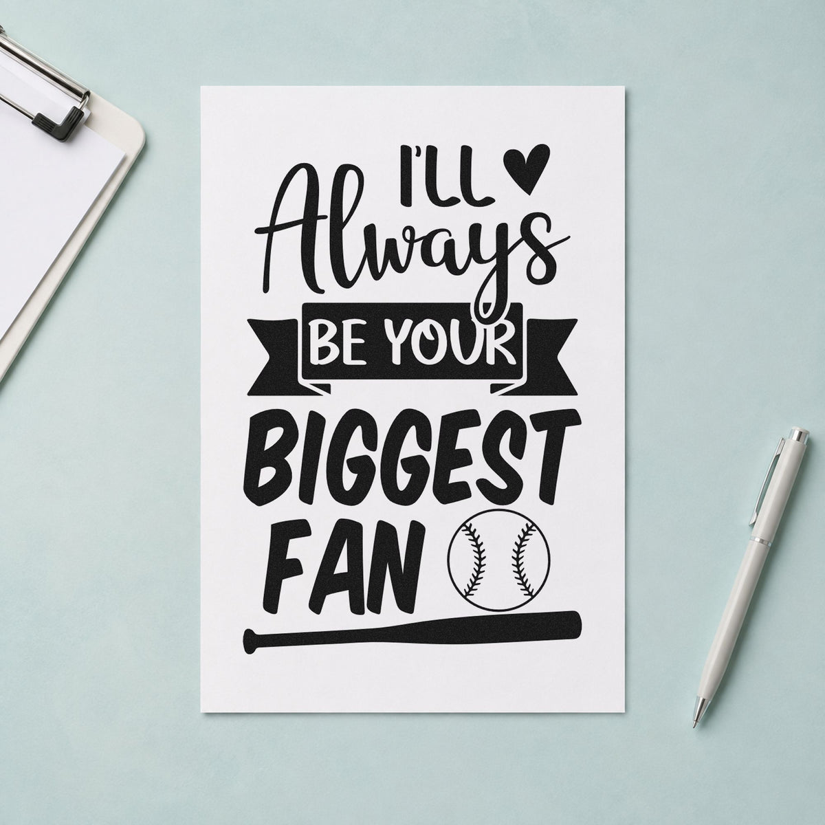 Always Your Biggest Fan rubber stamp printed in black ink, ready for senior night keepsakes and similar paper crafts.