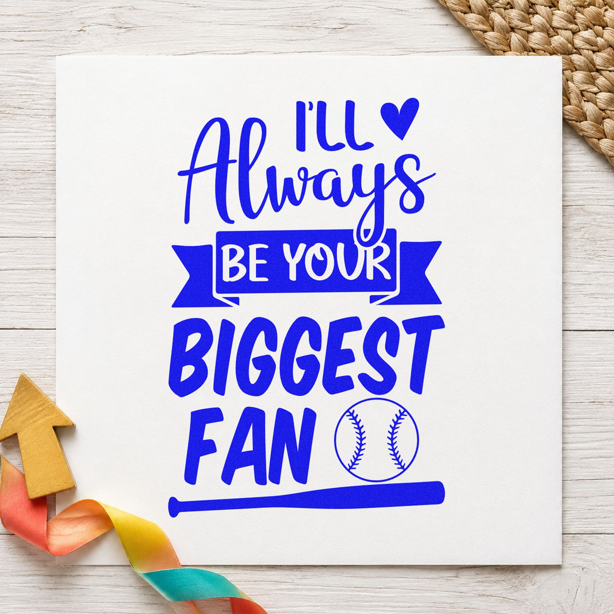 Always Your Biggest Fan craft stamp imprinted in blue ink on paper, a design suited to bedroom wall art.