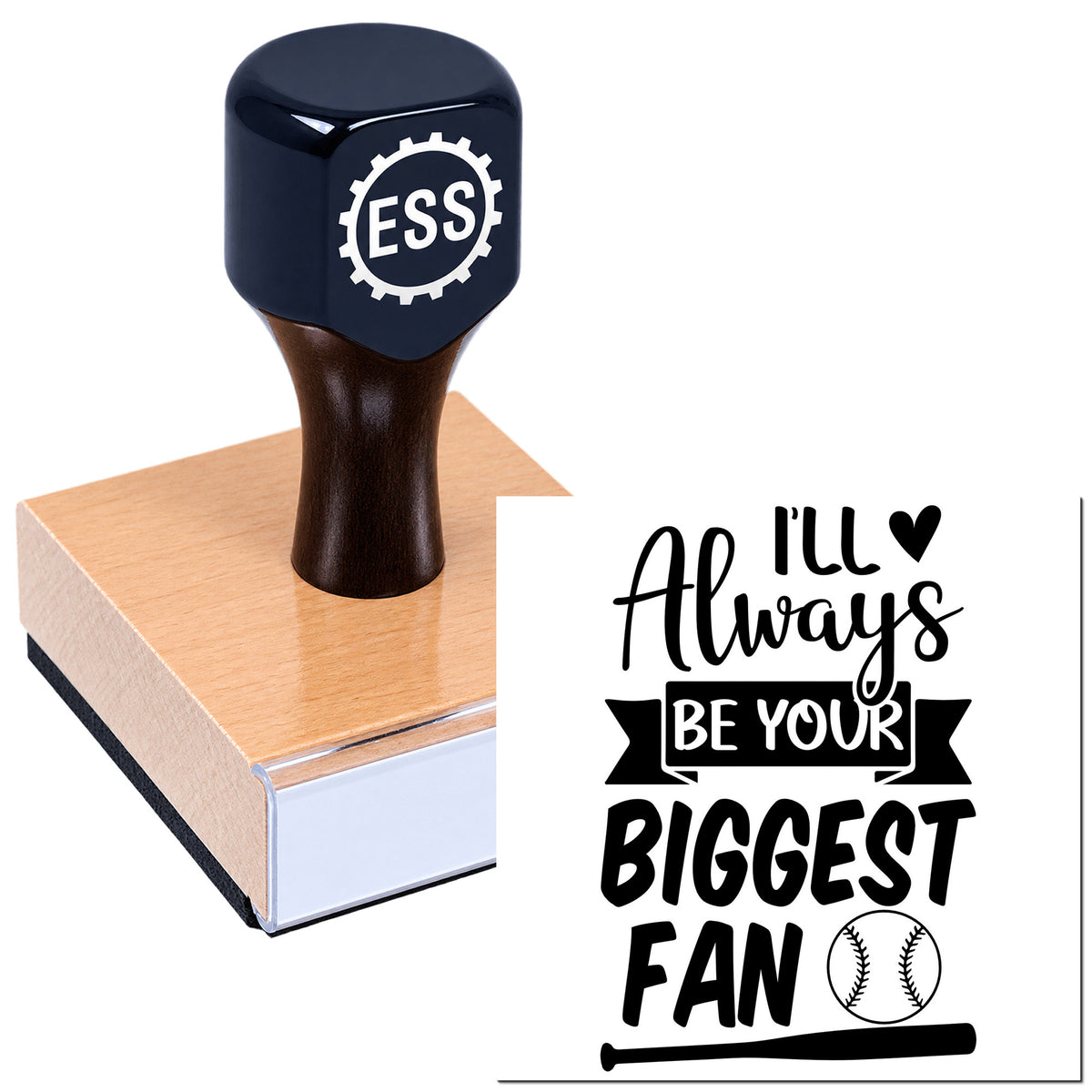 Navy blue ESS stamp on a pink seal block, paired with a black "I'll Always Be Your Biggest Fan" baseball seal design.
