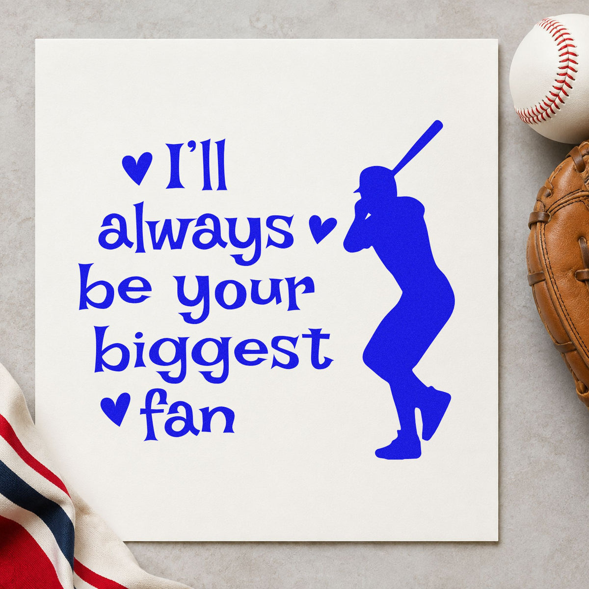 Biggest Fan Batter craft stamp in blue ink on cardstock, an easy option for team water labels.