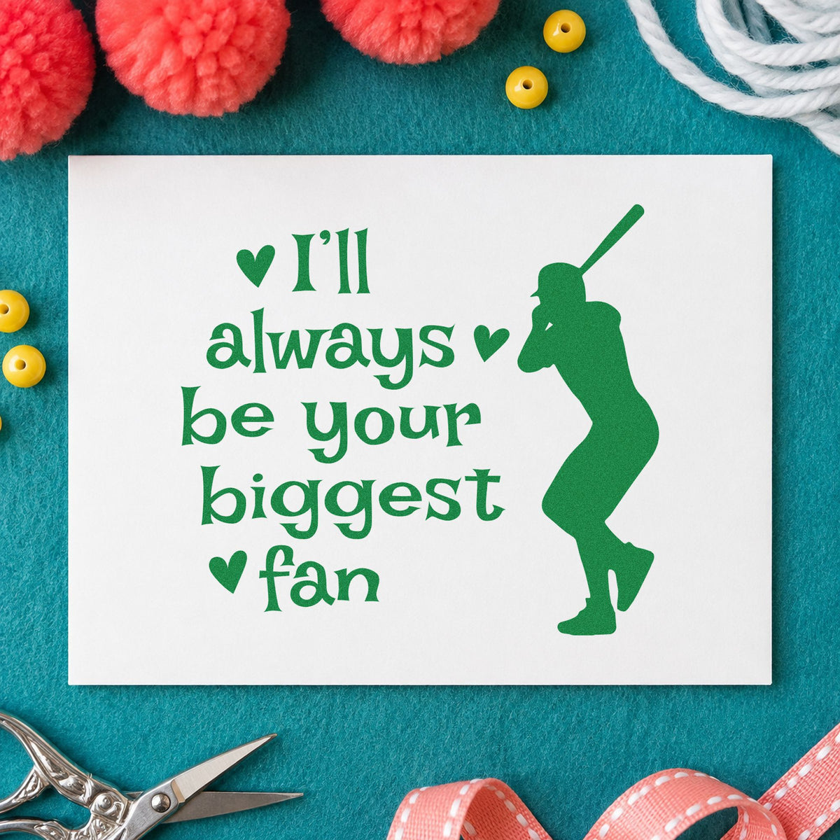 Biggest Fan Batter craft stamp imprint in green ink on a handmade project, one idea being valentine cards.