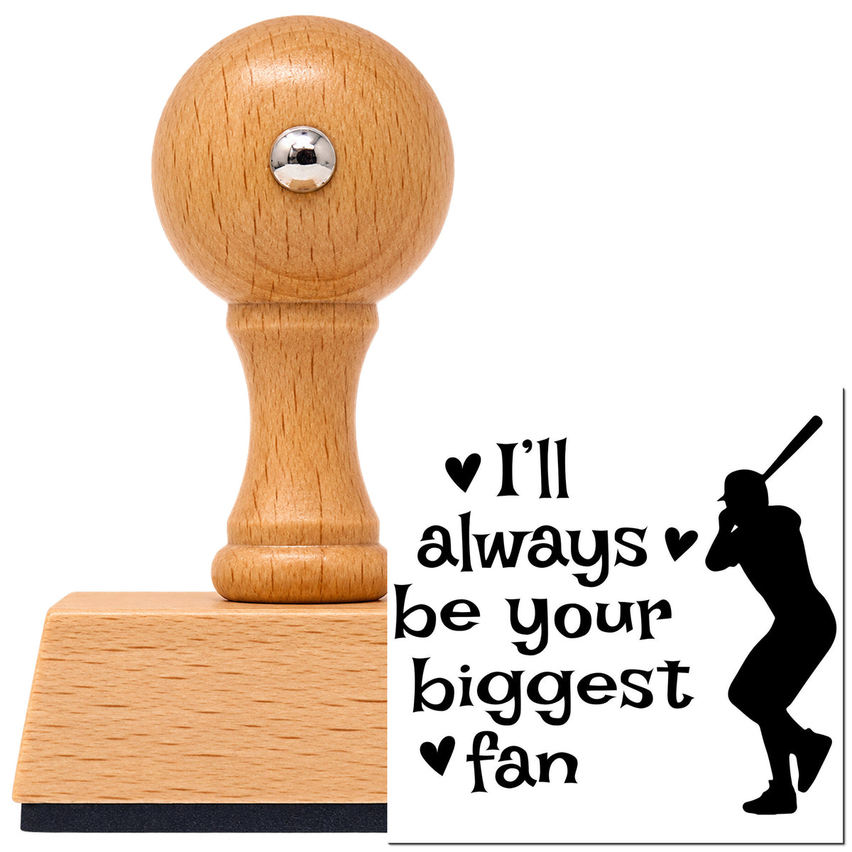 Vintage Pro beech wood stamp with a round knob handle, shown with its black Biggest Fan Batter imprint on white.