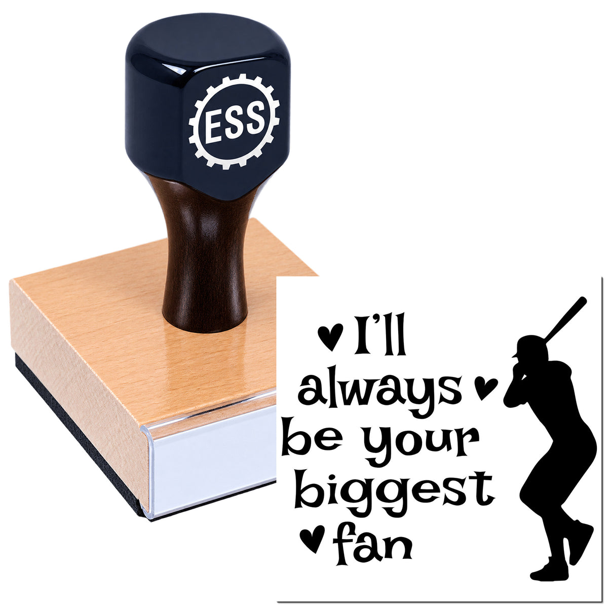 Dark blue ESS self-inking stamp beside a custom seal design reading "I'll always be your biggest fan" with dancer silhouette.
