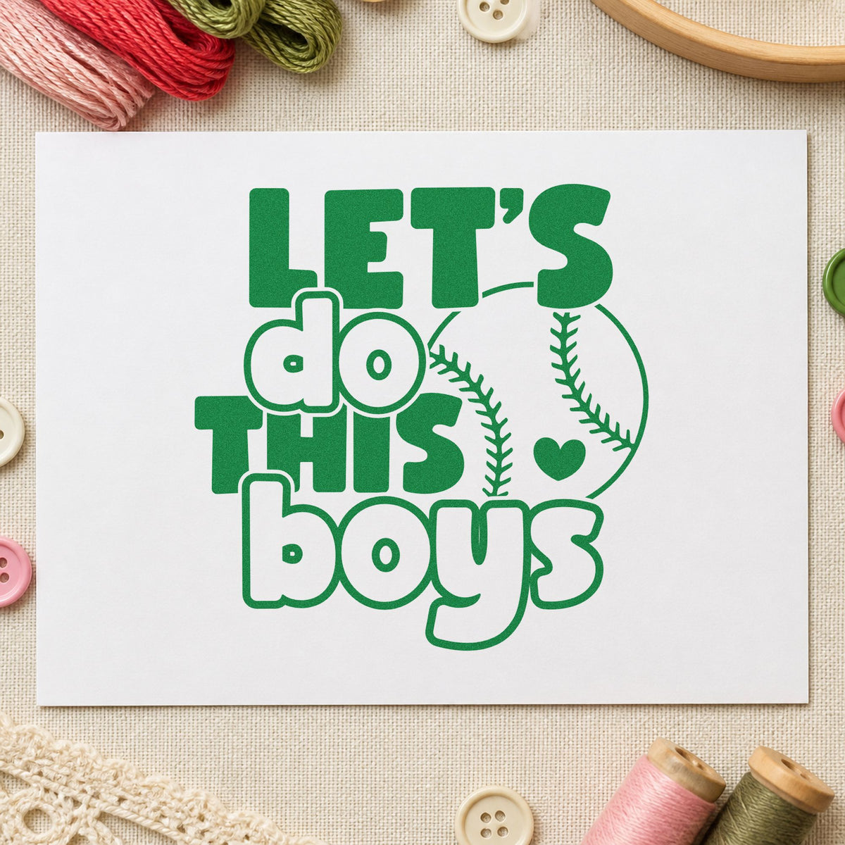 Let's Do This Boys Baseball craft stamp imprint in green ink on a handmade project, one idea being banquet place cards.