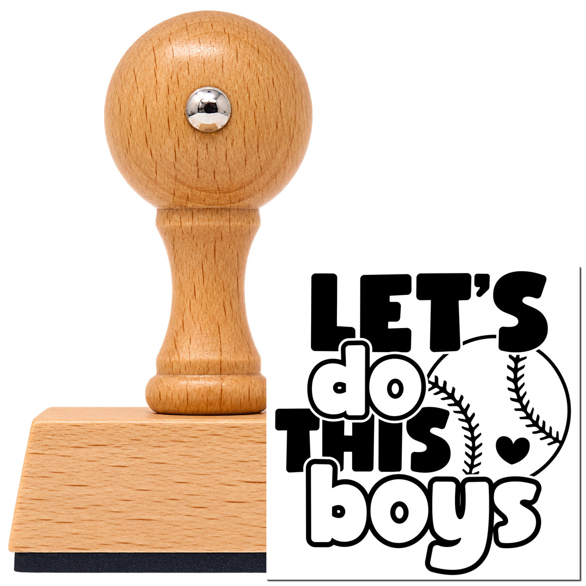 Vintage Pro beech wood stamp with a round knob handle, shown with its black Let's Do This Boys Baseball With Hearts imprint on white.